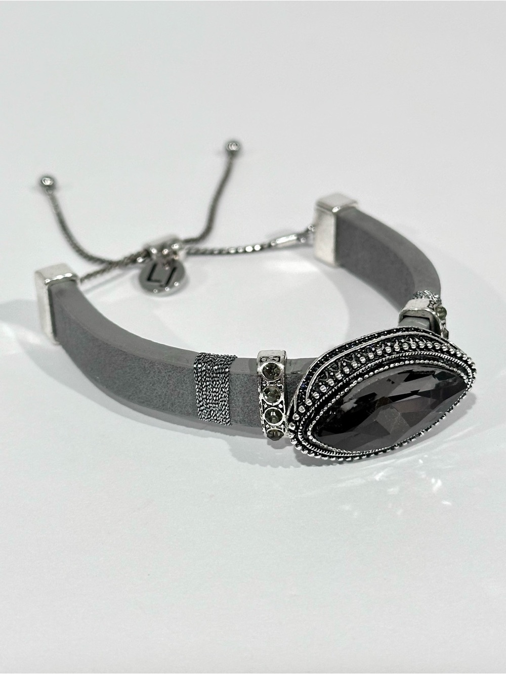 Lizzy James Grey Leather Faceted Crystal Bolo Cuff Bracelet